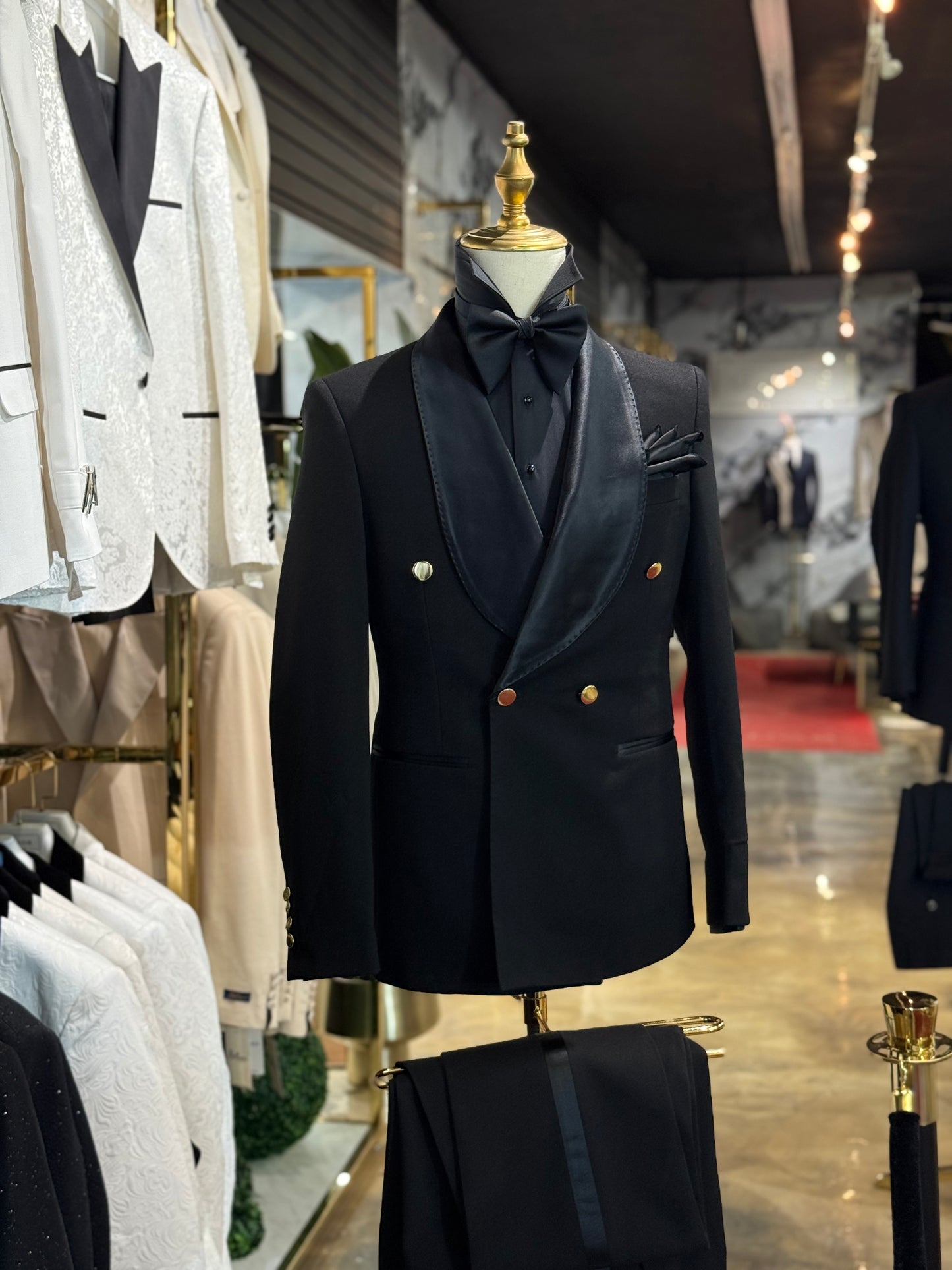 Black Shawl Lapel & Gold buttons Tuxedo Double Breasted