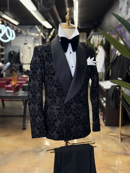 Black Damask Jacquard Tuxedo with Satin Shawl Lapel