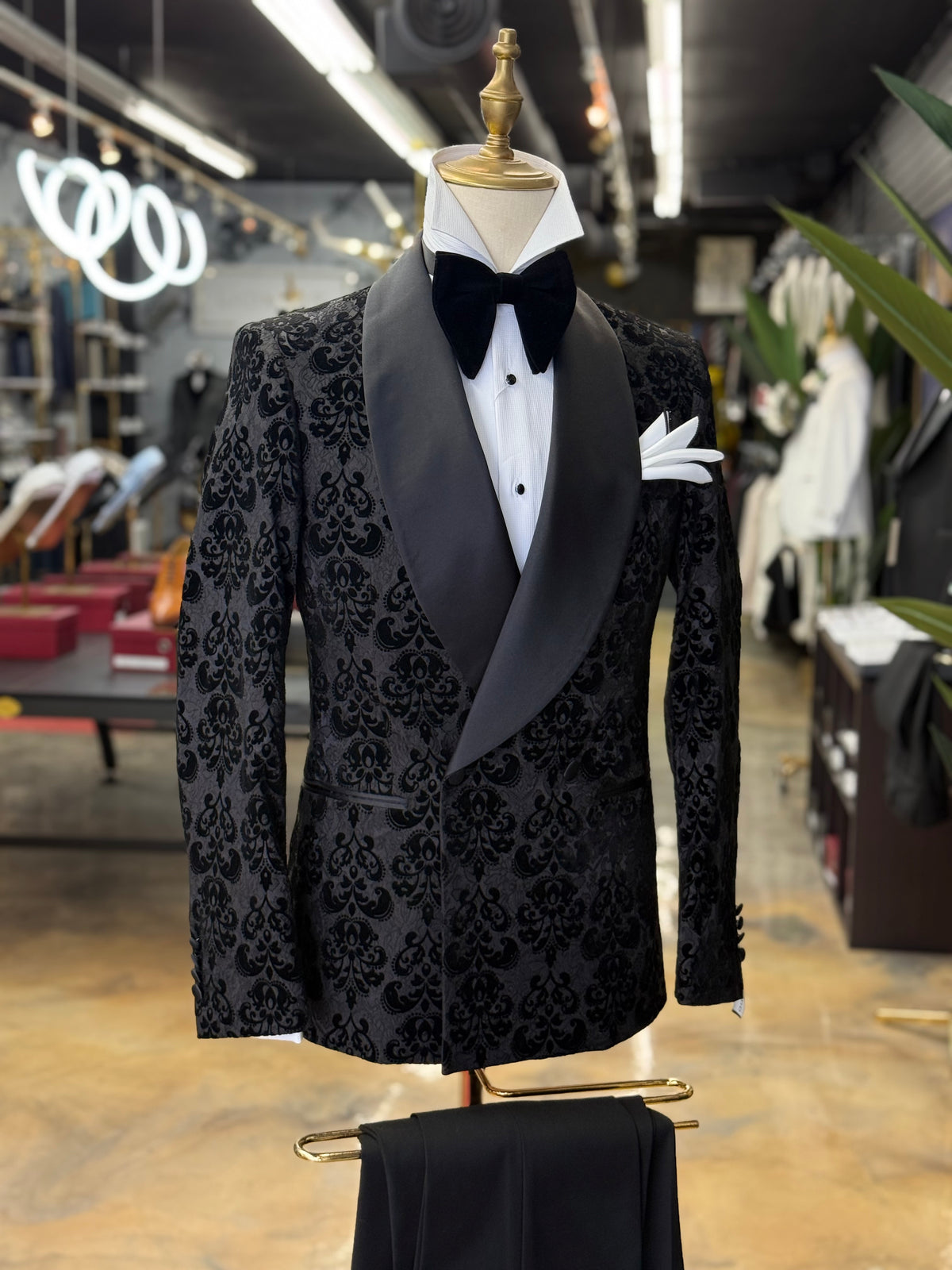 Black Damask Jacquard Tuxedo with Satin Shawl Lapel