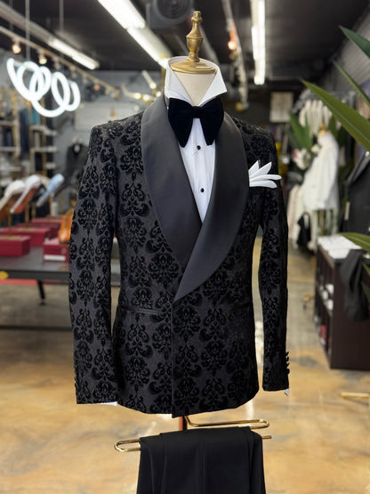 Black Damask Jacquard Tuxedo with Satin Shawl Lapel