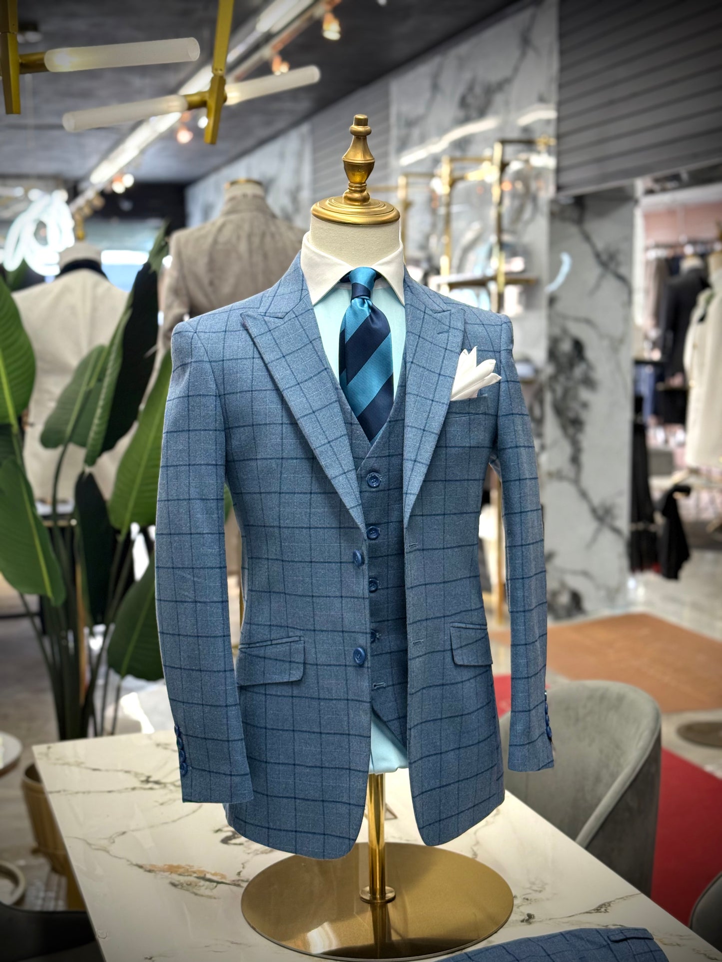 Plaid Flannel L Blue Three Pieces Vested Suit