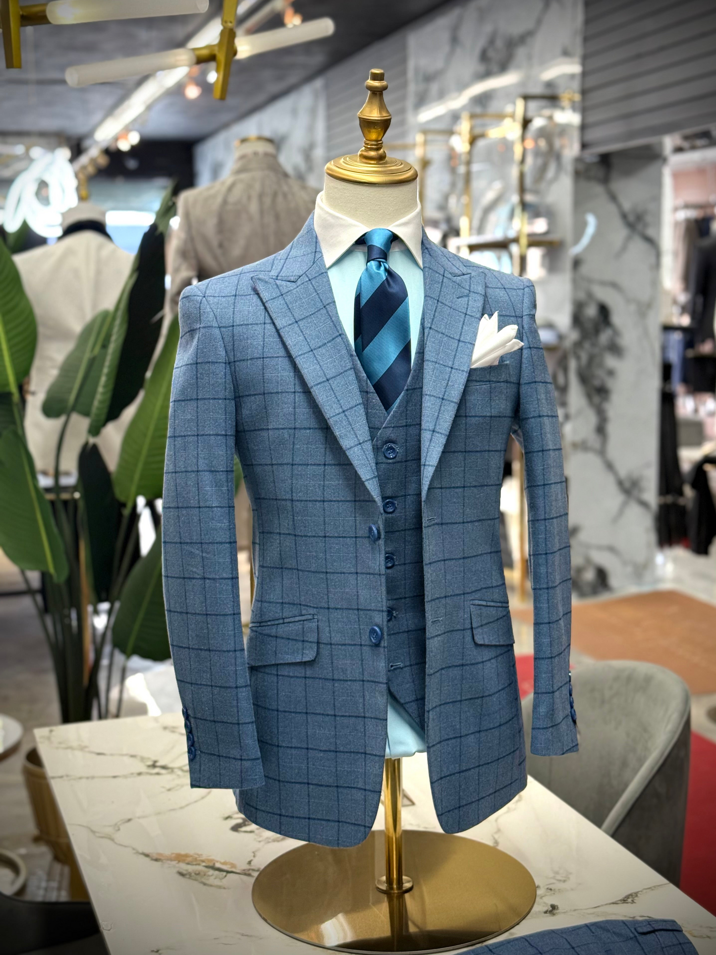 Plaid Flannel L Blue Three Pieces Vested Suit