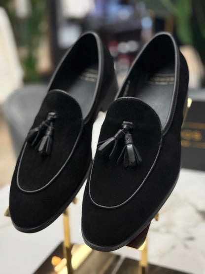 UOMOS Black blue suede tassel loafers