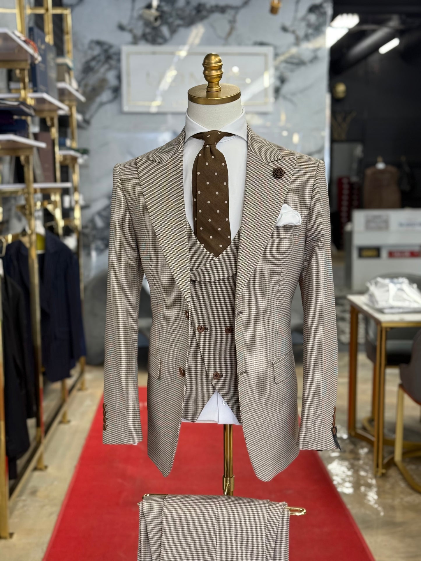 Chocolate & Beige Micro Houndstooth Wide Peak Lapel Suit