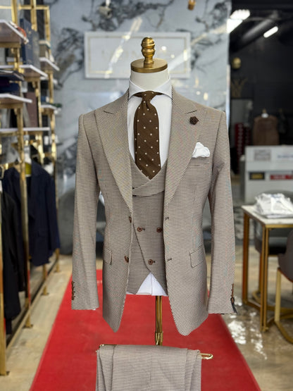 Chocolate & Beige Micro Houndstooth Wide Peak Lapel Suit