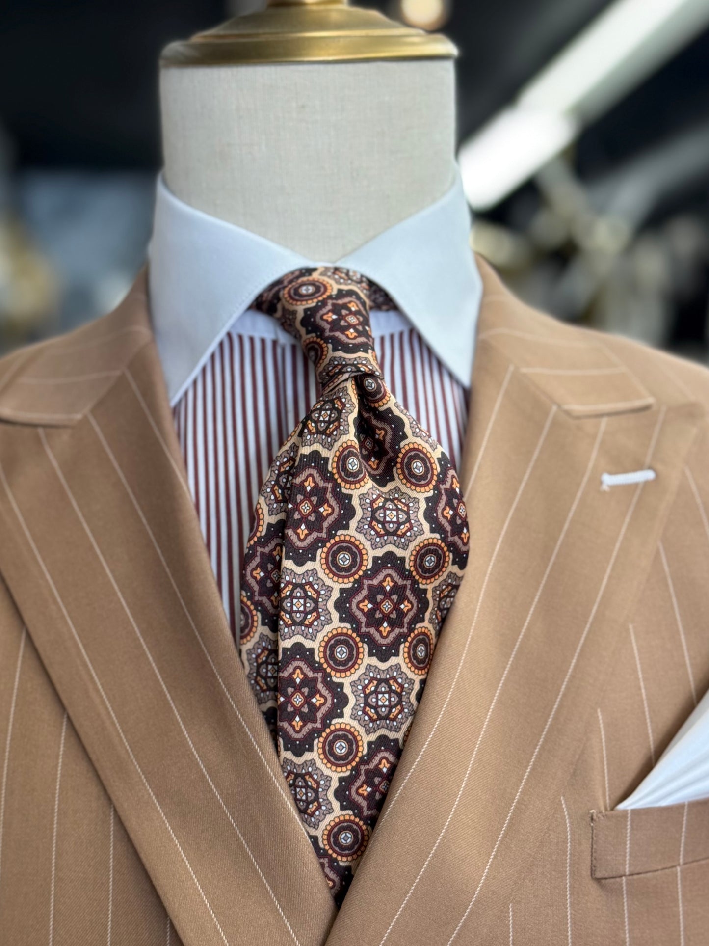 Camel Double-Breasted Pinstripe Suit