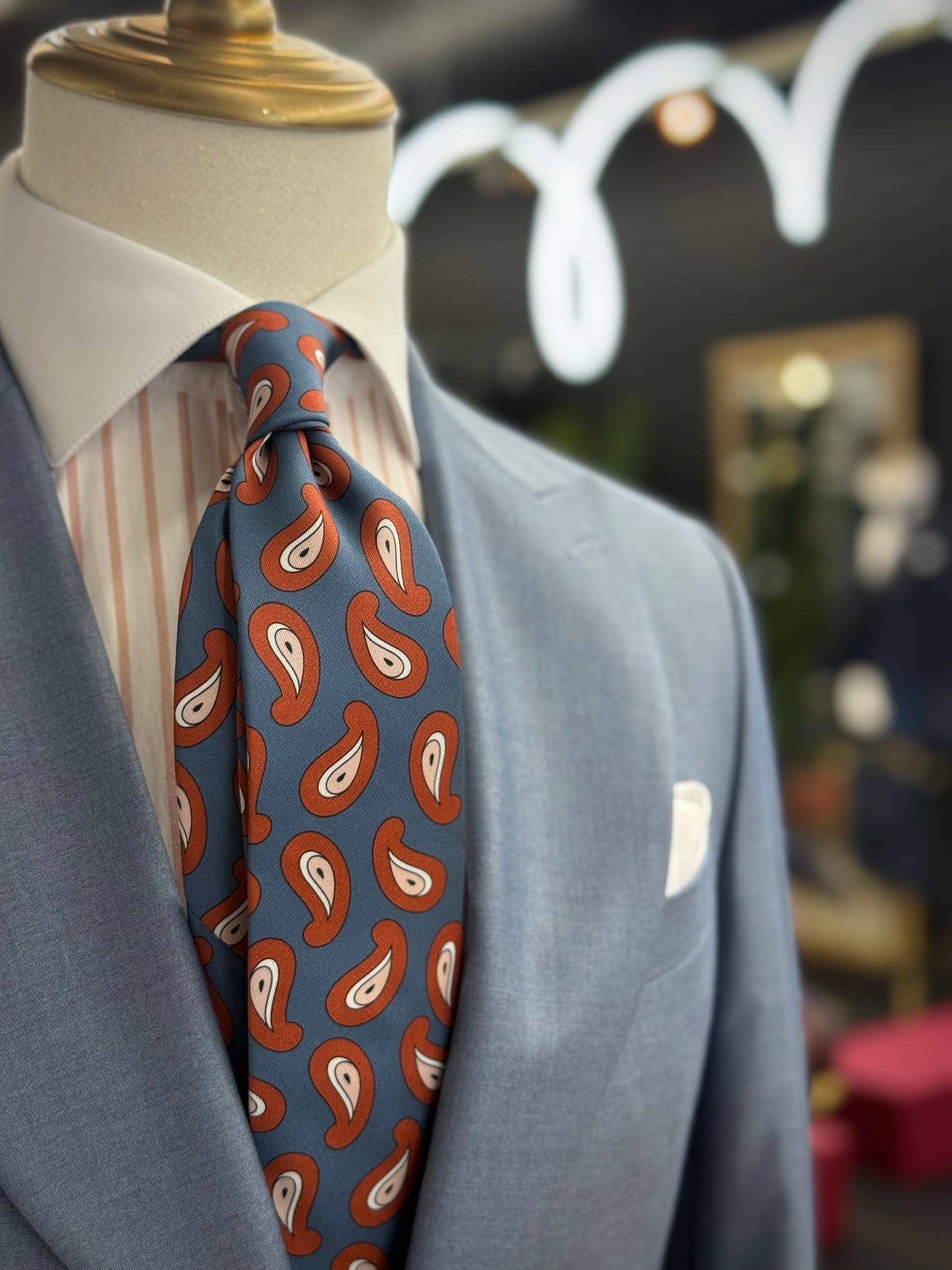 Necktie Geometrical Paisley Powder Dusty Blue & Rust Blush Tie