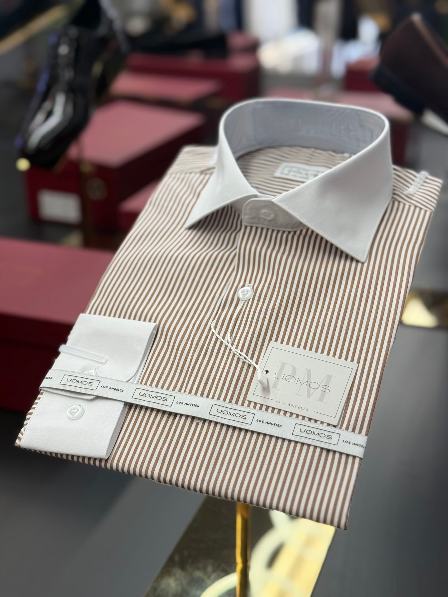 Brown Stripe Contrast White Collar Shirt