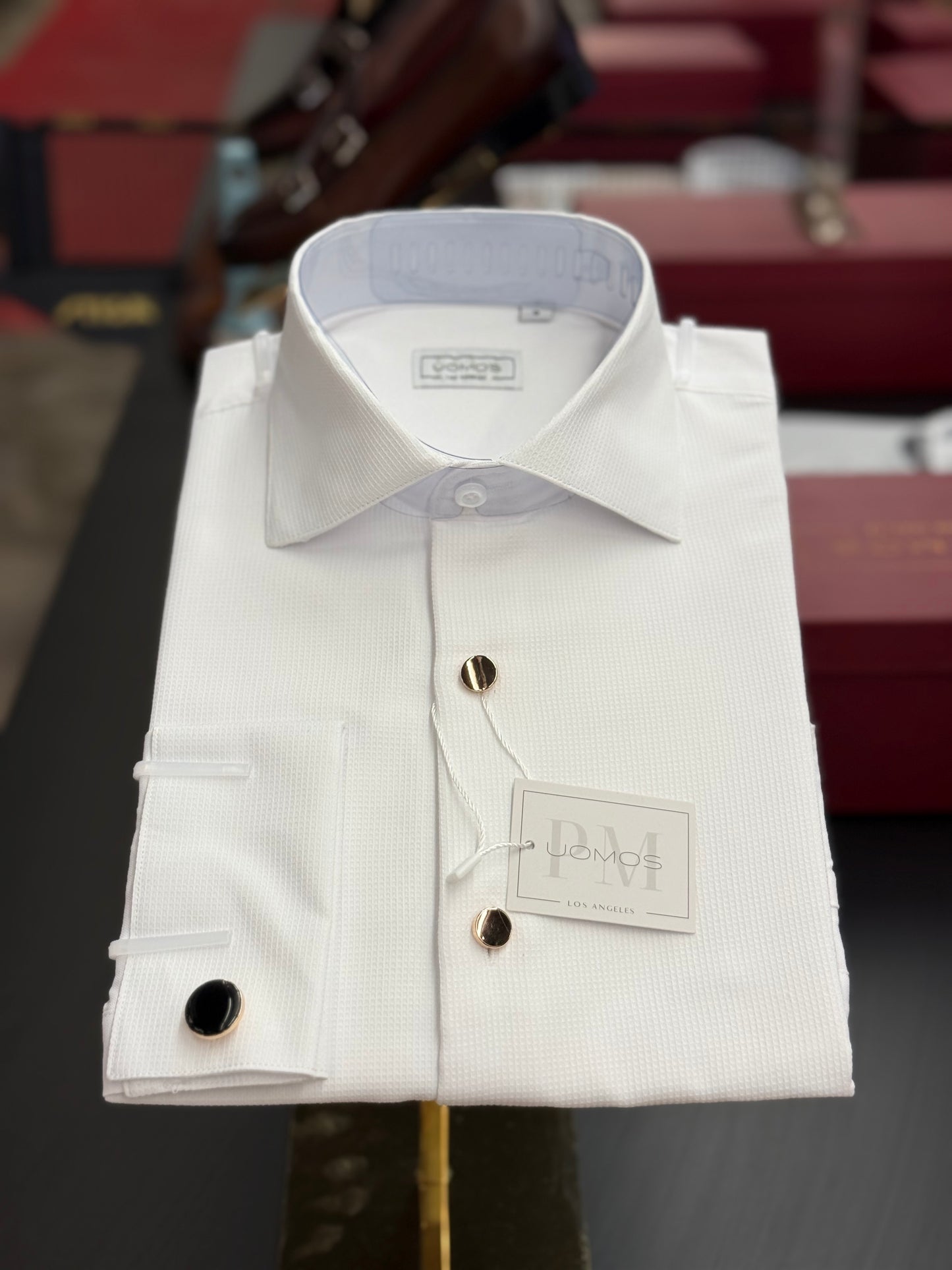 White Cotton Piqué Tuxedo Shirt with Gold Buttons