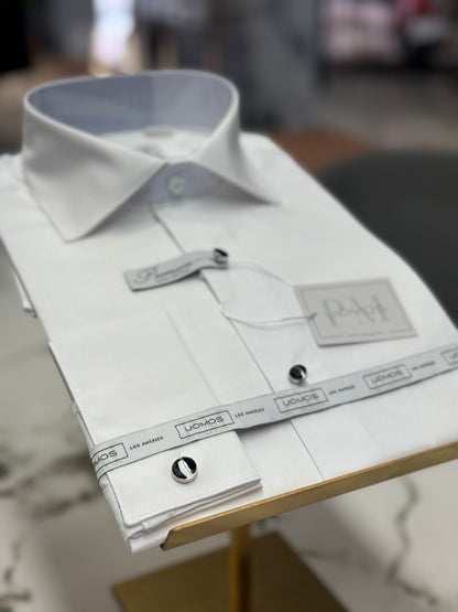 Tuxedo 100% Cotton White shirt, tuxedo buttons, spread collar, french cuffs.
