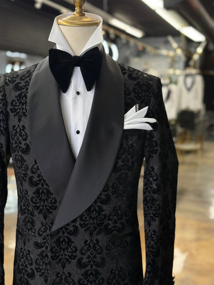 Black Damask Jacquard Tuxedo with Satin Shawl Lapel