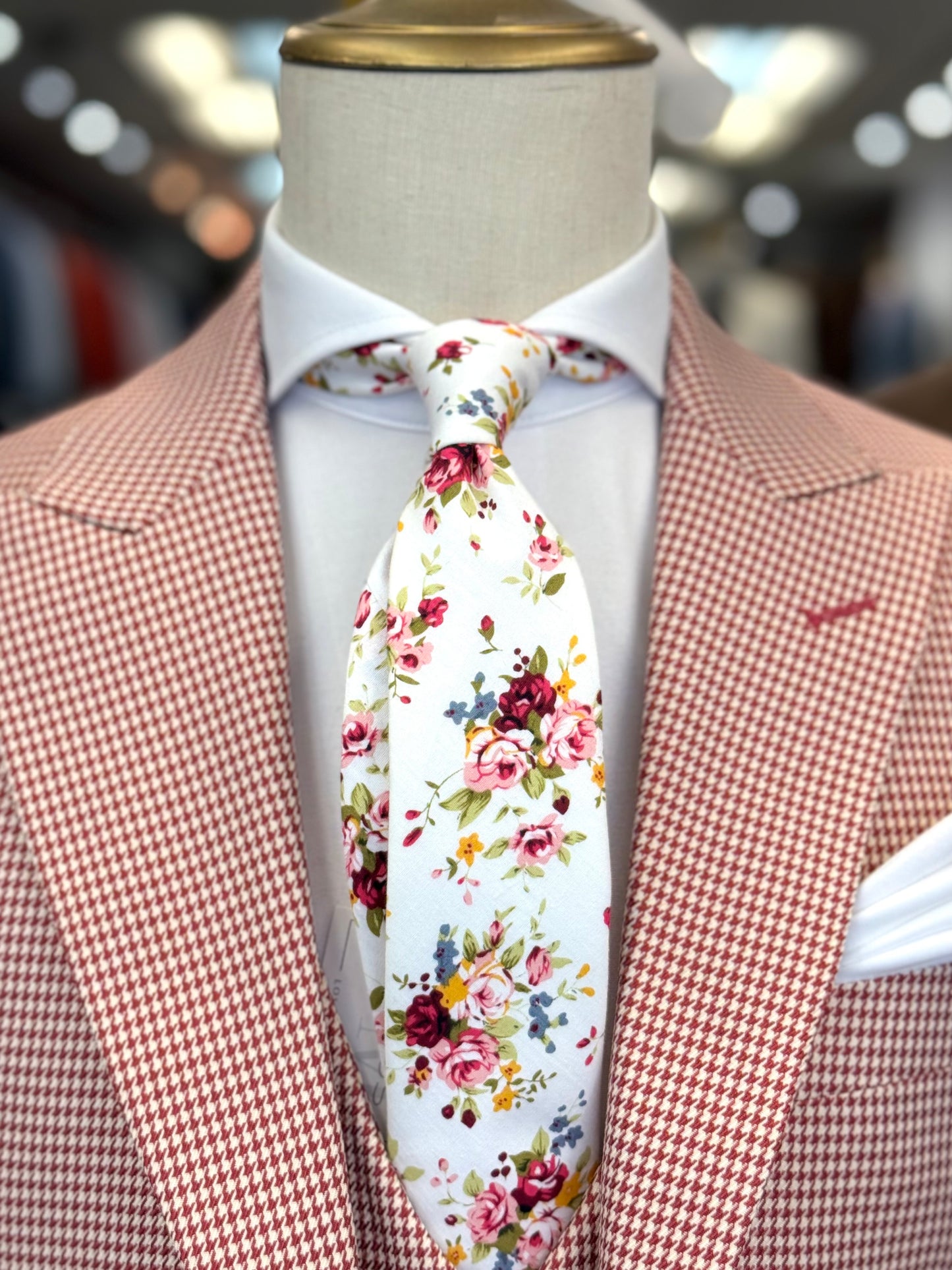 Necktie White Cotton Floral