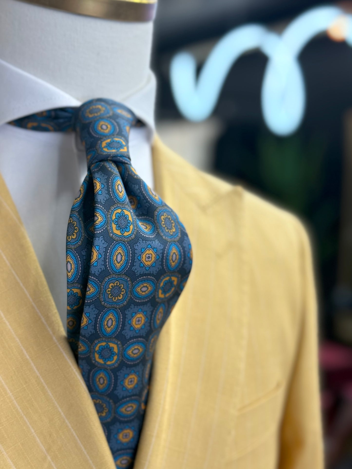 Necktie Slate Blue and Gold Azure Medallion