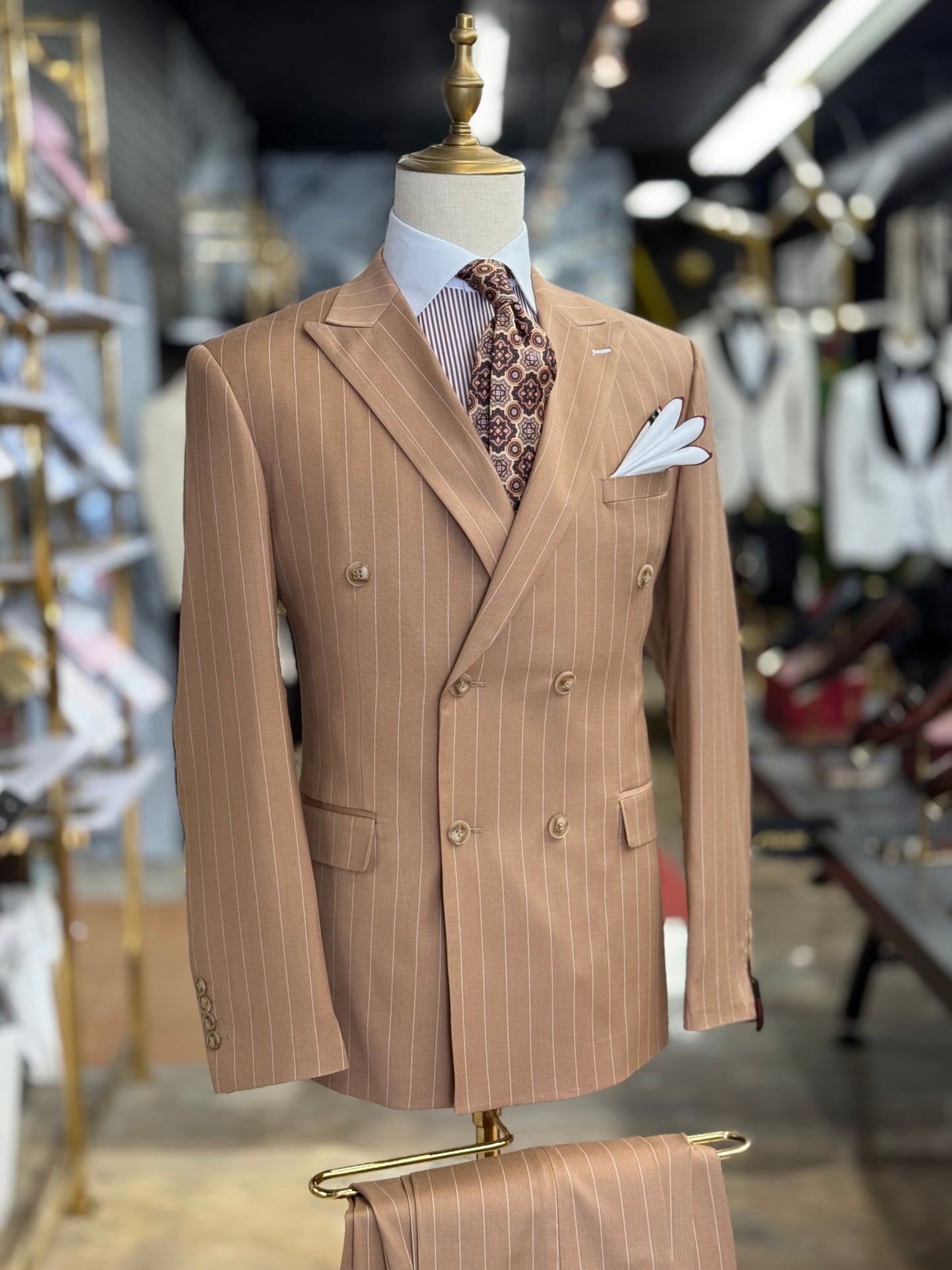 Camel Double-Breasted Pinstripe Suit