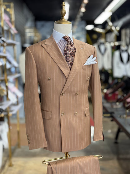 Camel Double-Breasted Pinstripe Suit