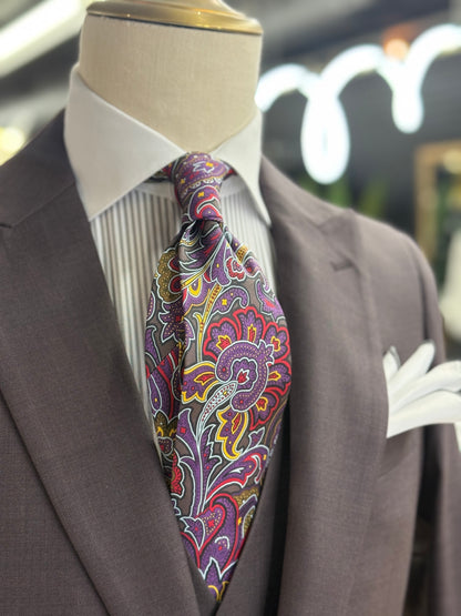 Necktie Bold Paisley Purple pattern with charcoal, red, gold, and ivory