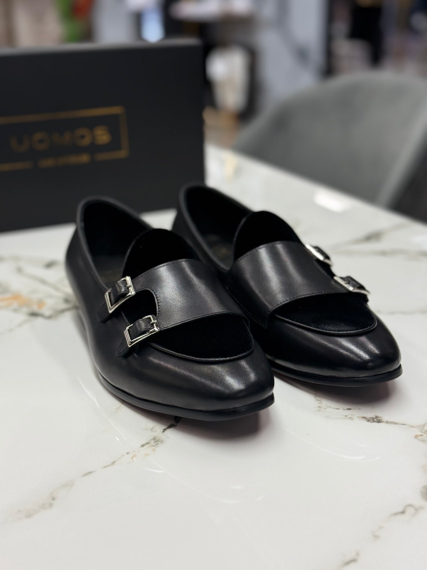 Uomos Black Leather double monk velvet loafers