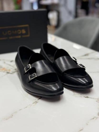 Uomos Black Leather double monk velvet loafers