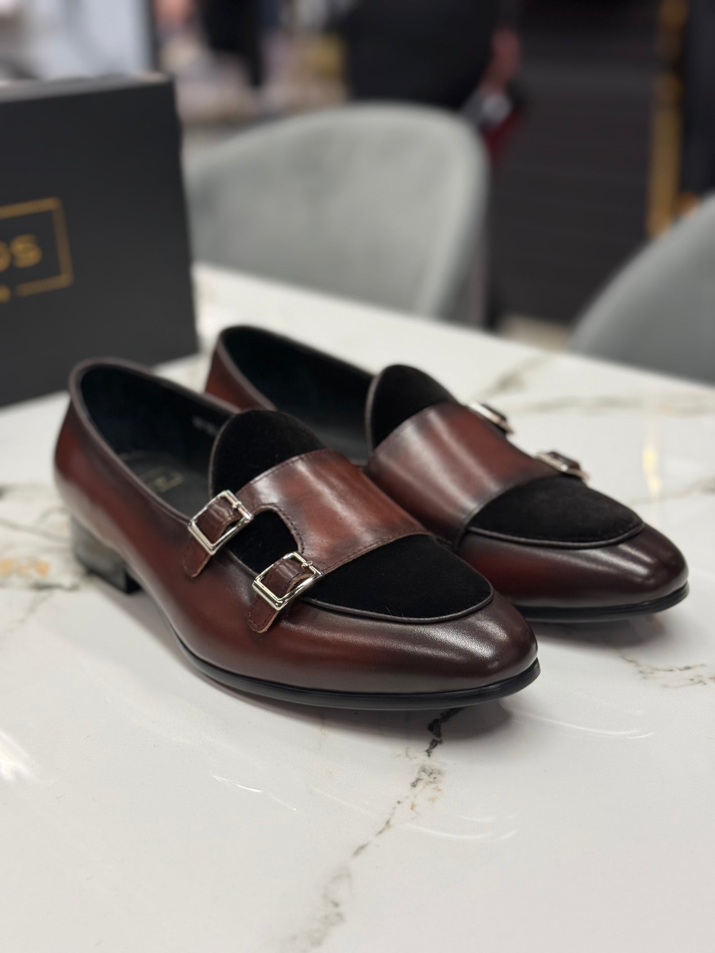 Uomos Brown Bordeaux Leather double monk velvet loafers