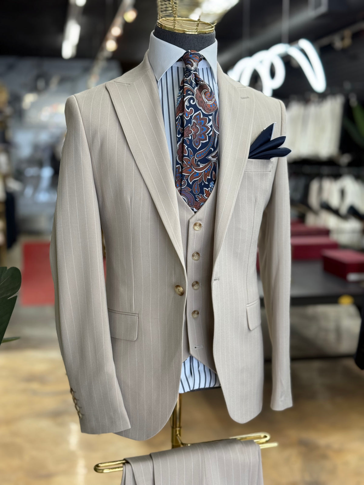 Light Beige Pinstripe Euro Suit