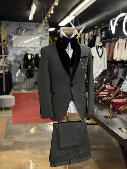 Olive Green Shawl Lapel Velvet Edition