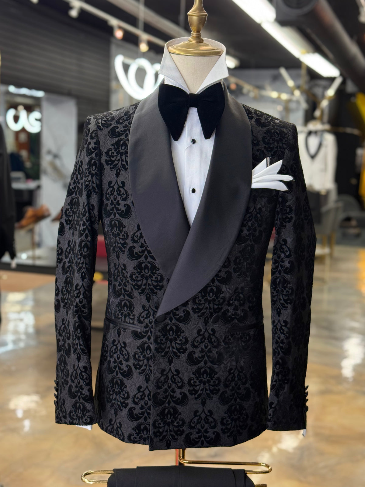Black Damask Jacquard Tuxedo with Satin Shawl Lapel