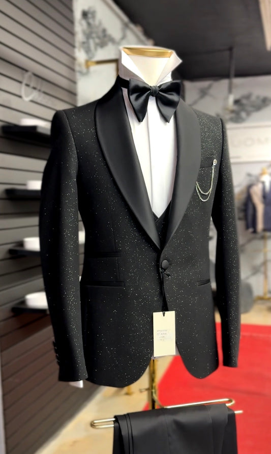 Black Glitter Shawl Lapel Tuxedo – Luxury 3 Piece