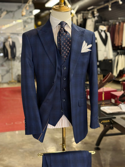 Textured Glen Check Indigo Three Pieces Vested Suit