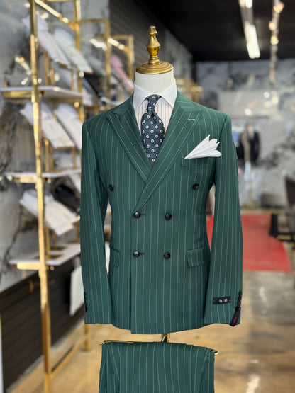 Viridian Green Double-Breasted Pinstripe Suit