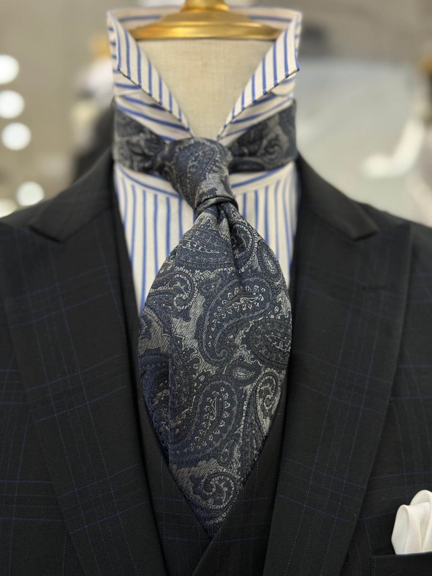 Necktie Big Paisley Silver Deep Grey & Navy Blue