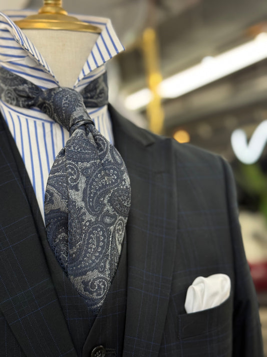 Necktie Big Paisley Silver Deep Grey & Navy Blue
