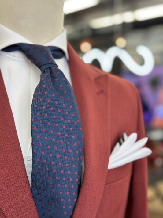 Necktie navy blue / burgundy polka dots