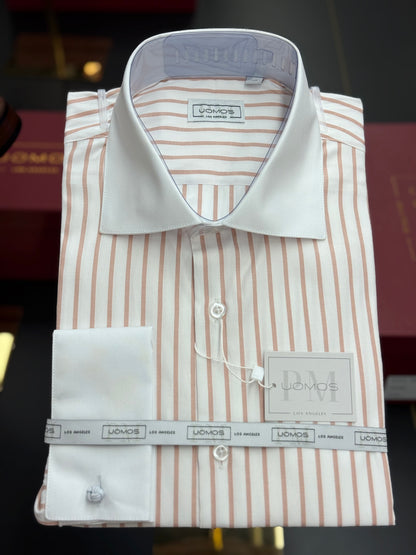 White spread collar / Nude striped cotton shirt slim