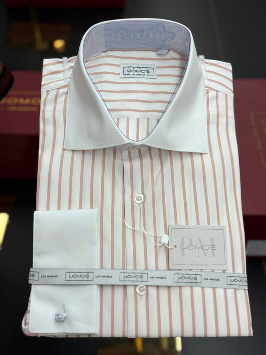 White spread collar / Nude striped cotton shirt slim