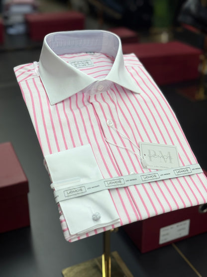 White spread collar / Pink striped cotton shirt slim