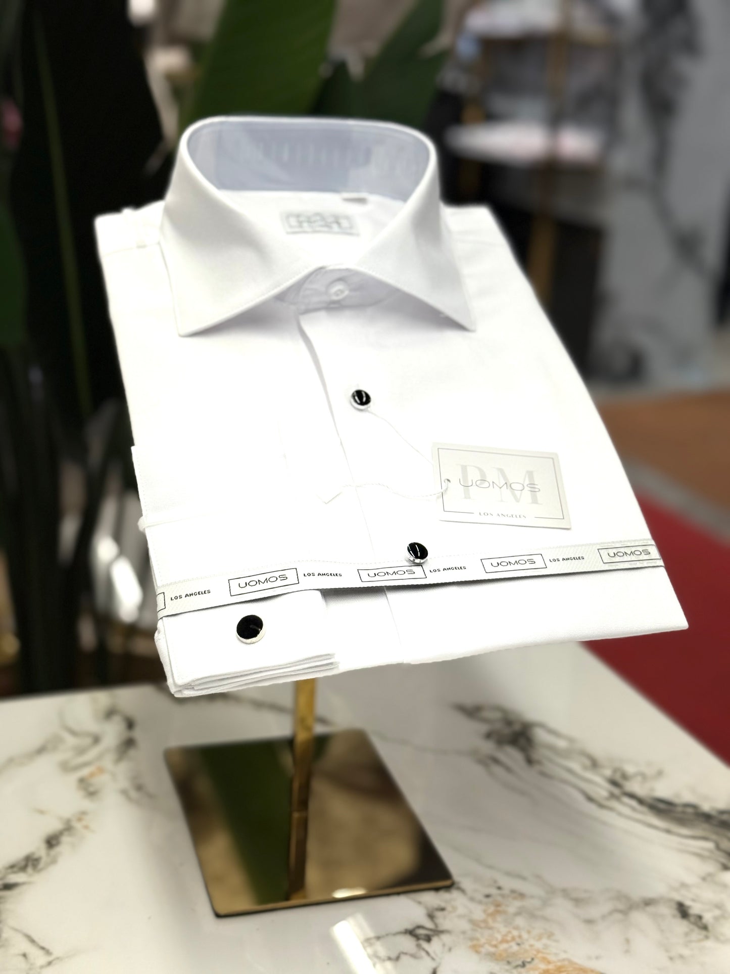 Tuxedo White shirt, tuxedo buttons, spread collar, french cuffs.