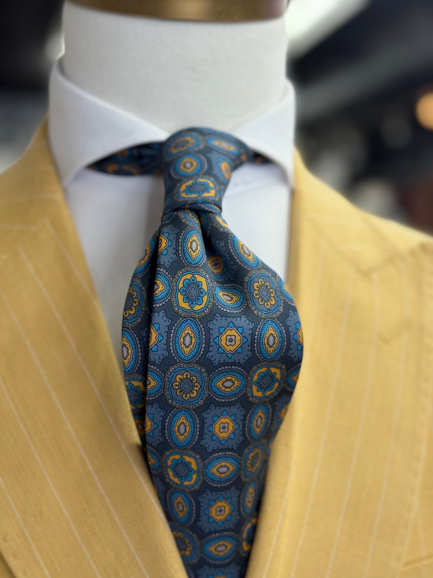 Necktie Slate Blue and Gold Azure Medallion