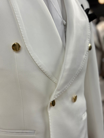 Off White Shawl Lapel & Gold buttons Tuxedo Double Breasted