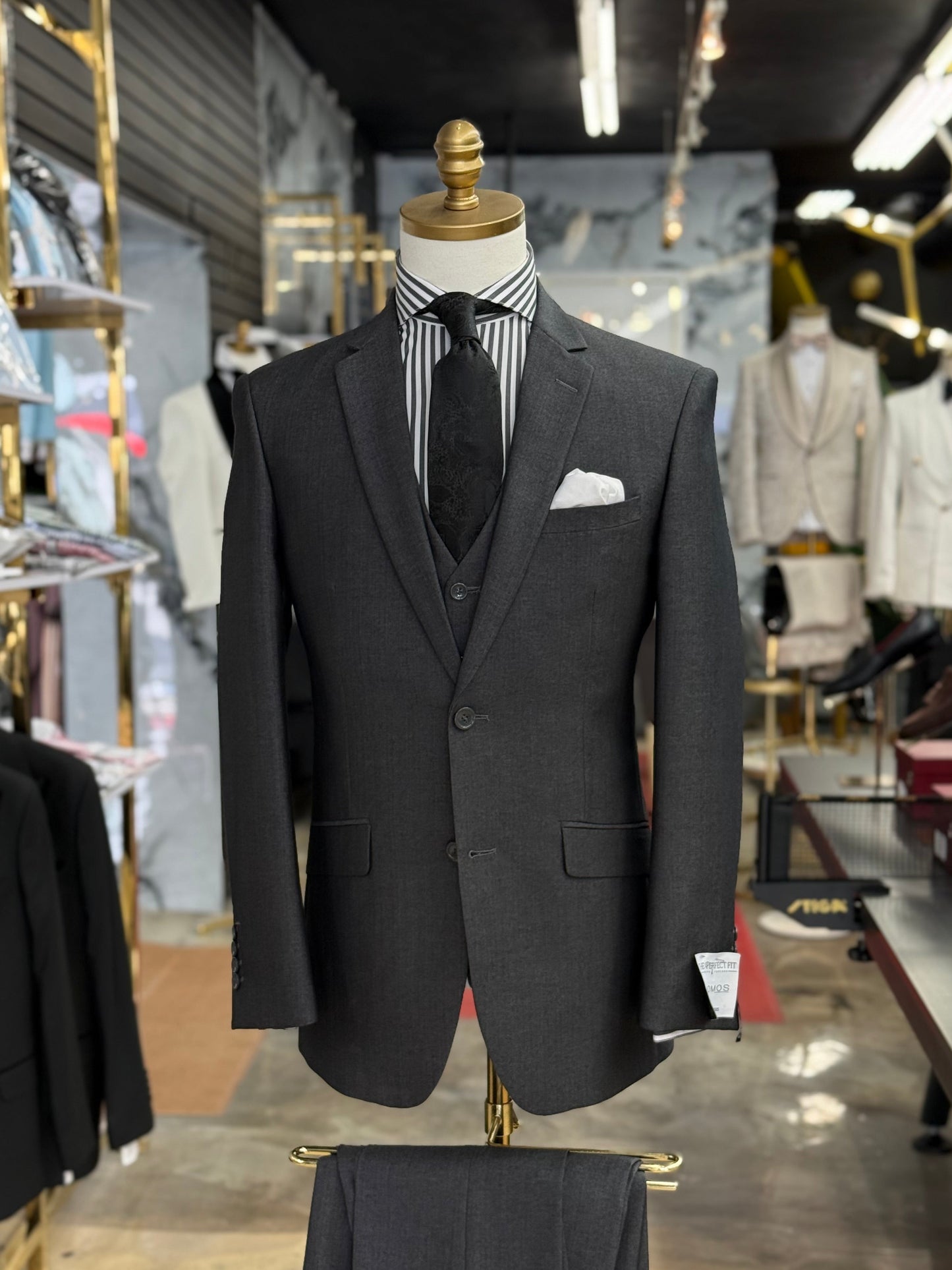 Charcoal Natural Sheen Three Pieces Vested Suit