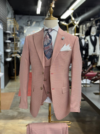 Vermilion Red Micro Houndstooth Wide Peak Lapel Suit