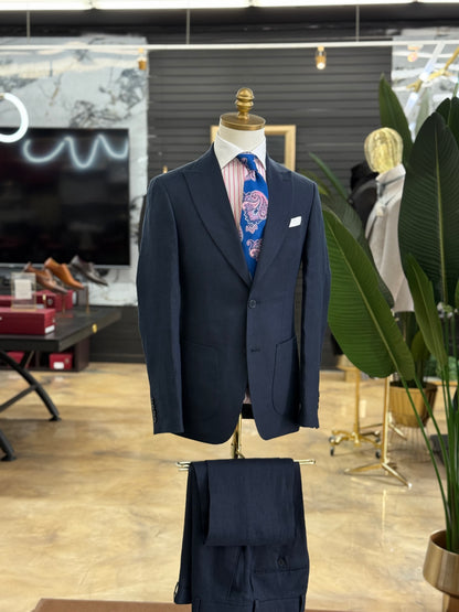 Navy Linen Two Pieces Wide Peak Lapel Suit