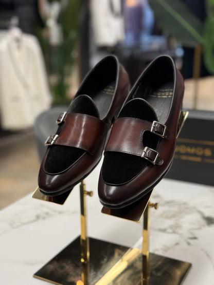 Uomos Brown Bordeaux Leather double monk velvet loafers
