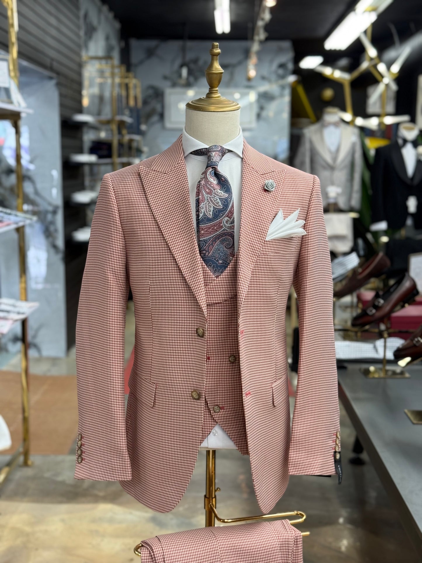 Vermilion Red Micro Houndstooth Wide Peak Lapel Suit