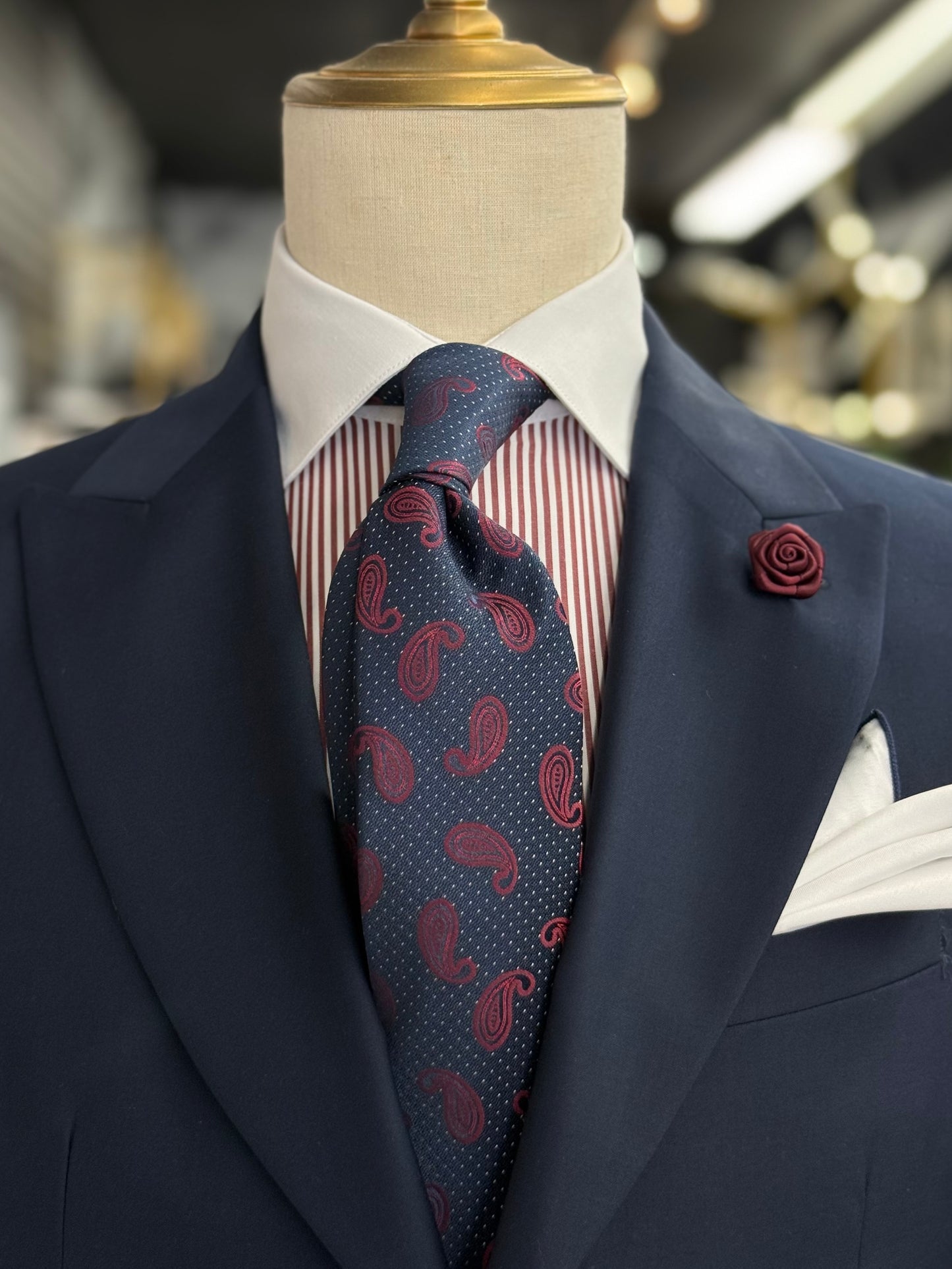 Necktie Midnight Blue Micro Polla dots White and Burgundy Paisley
