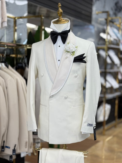 Ivory White Modern Fit Tuxedo Double Breasted Shawl Lapel