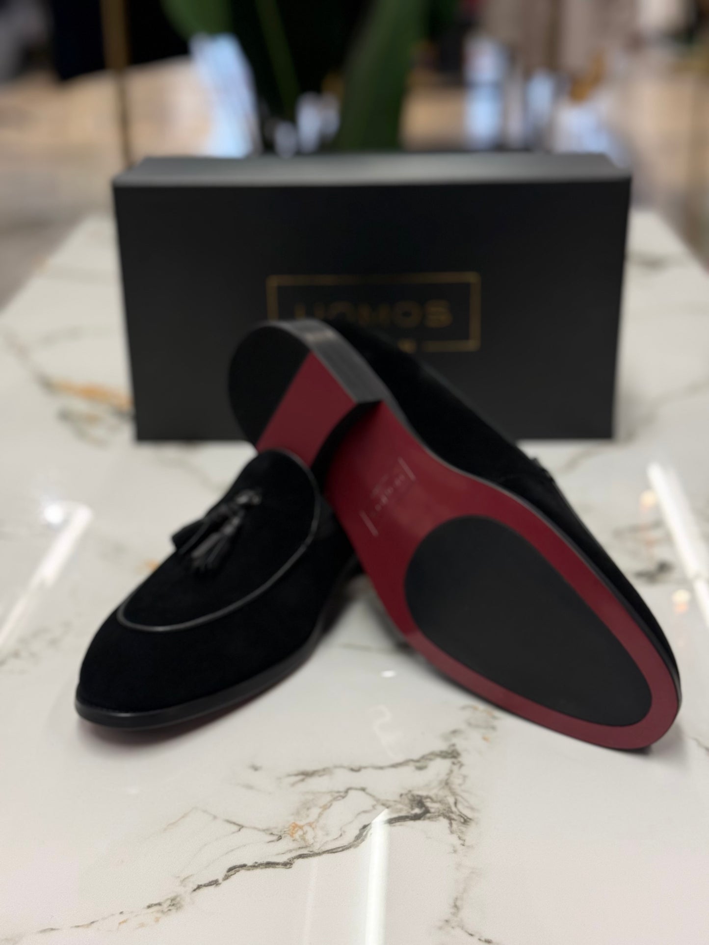 UOMOS Black blue suede tassel loafers