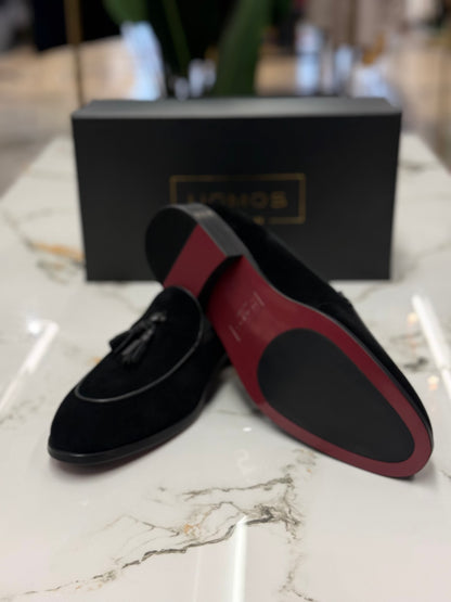 UOMOS Black blue suede tassel loafers
