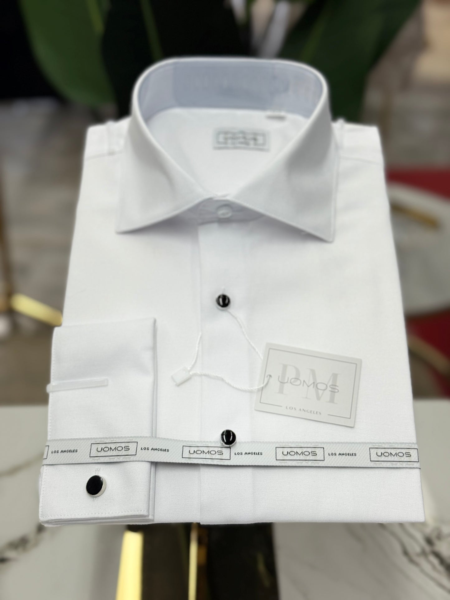 Tuxedo White shirt, tuxedo buttons, spread collar, french cuffs.