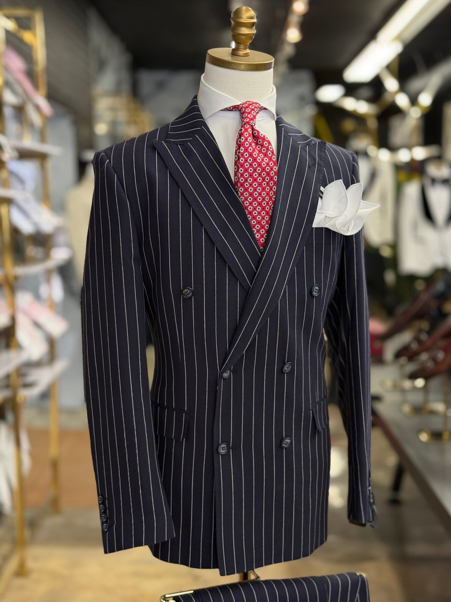 Regent Navy Pinstripe Double-Breasted Suit 100% Linen