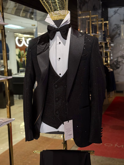 Black Glitter Peak Lapel Tuxedo – Luxury 3 Piece